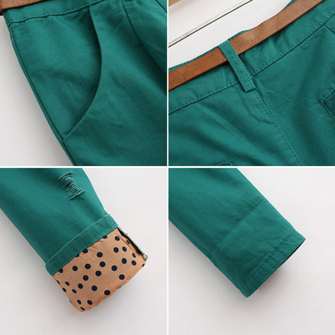 Stylish Dot Print Abraded Design Cotton Women's Pants GREEN