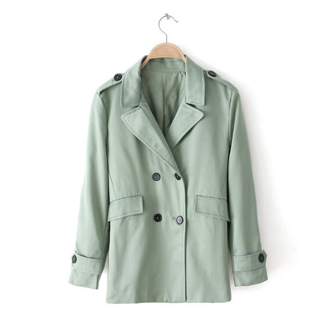 Double-Breasted Long Sleeves Lapel Collar Cotton Blend Modern Style Women's Jacket GREEN