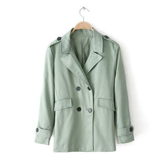 Double-Breasted Long Sleeves Lapel Collar Cotton Blend Modern Style Women's Jacket GREEN
