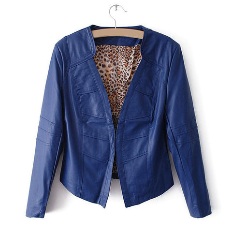 Long Sleeves V-Neck Solid Color PU Leather Simple Style Women's Jacket BLUE