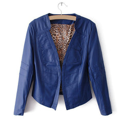 Long Sleeves V-Neck Solid Color PU Leather Simple Style Women's Jacket BLUE