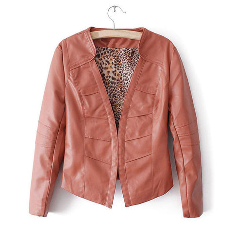 Long Sleeves V-Neck Solid Color PU Leather Simple Style Women's Jacket RED