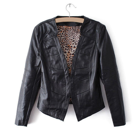 Long Sleeves V-Neck Solid Color PU Leather Simple Style Women's Jacket BLACK
