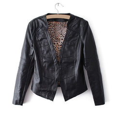 Long Sleeves V-Neck Solid Color PU Leather Simple Style Women's Jacket BLACK
