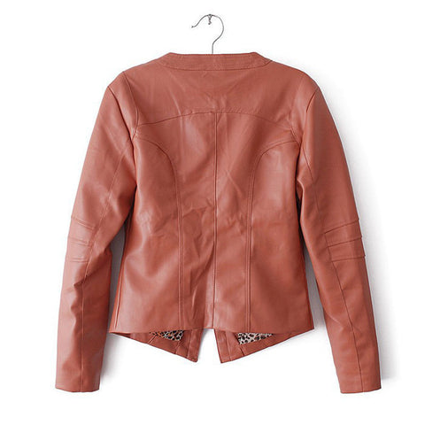 Long Sleeves V-Neck Solid Color PU Leather Simple Style Women's Jacket RED