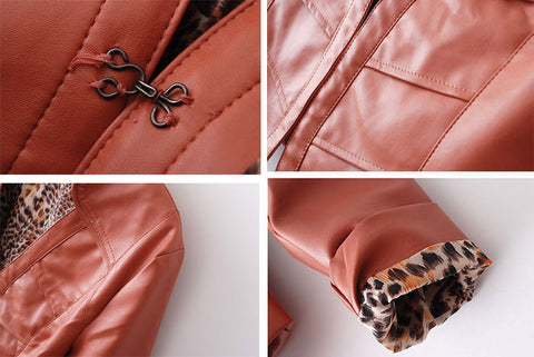 Long Sleeves V-Neck Solid Color PU Leather Simple Style Women's Jacket RED
