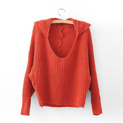 V-Neck Acrylic Sweater Solid Color Hooded RED