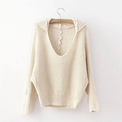 V-Neck Acrylic Sweater Solid Color Hooded WHITE
