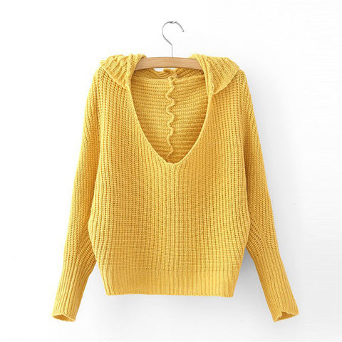 V-Neck Acrylic Sweater Solid Color Hooded YELLOW