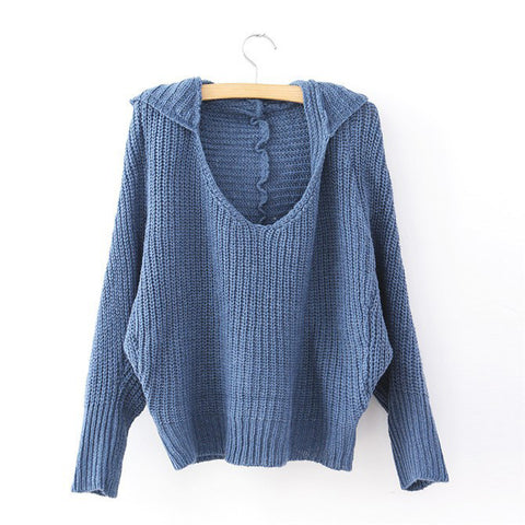 V-Neck Acrylic Sweater Solid Color Hooded BLUE