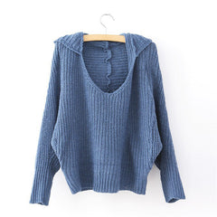 V-Neck Acrylic Sweater Solid Color Hooded BLUE