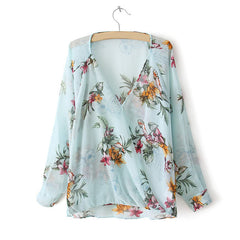 Stylish V-Neck Bird and Floral Print Long Sleeves Chiffon Women's Blouse
