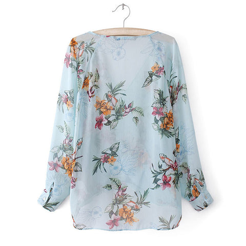 Stylish V-Neck Bird and Floral Print Long Sleeves Chiffon Women's Blouse