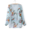 Stylish V-Neck Bird and Floral Print Long Sleeves Chiffon Women's Blouse