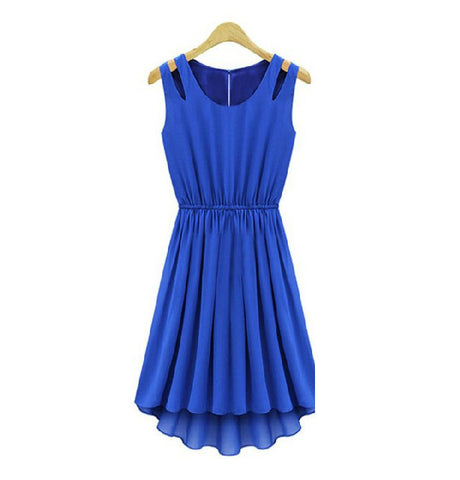Flounce Chiffon Sleeveless Ladylike Women Dress BLUE