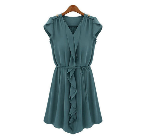 Petal Sleeves V-Neck Buttons Epaulets Strappy Beam Waist Pleated Flounces Slimming Casual Women's Dress NAVY