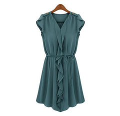 Petal Sleeves V-Neck Buttons Epaulets Strappy Beam Waist Pleated Flounces Slimming Casual Women's Dress NAVY