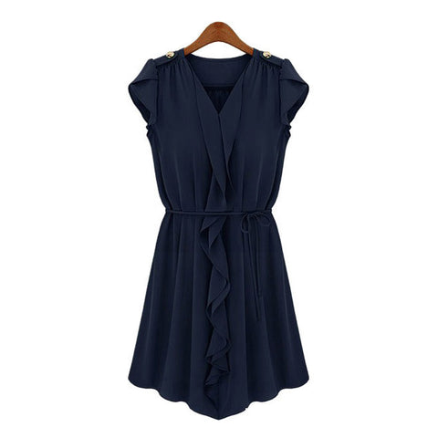 Petal Sleeves V-Neck Buttons Epaulets Strappy Beam Waist Pleated Flounces Slimming Casual Women's Dress SAPPHIRE BLUE