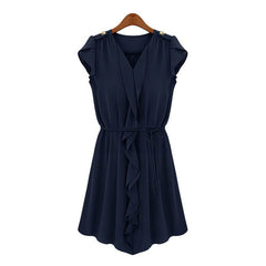 Petal Sleeves V-Neck Buttons Epaulets Strappy Beam Waist Pleated Flounces Slimming Casual Women's Dress SAPPHIRE BLUE