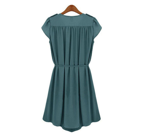 Petal Sleeves V-Neck Buttons Epaulets Strappy Beam Waist Pleated Flounces Slimming Casual Women's Dress NAVY