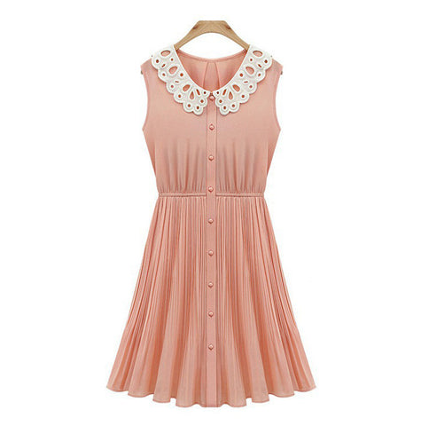 Lady Like Dress with Lace Peter Pan Collar Sleeveless PINK