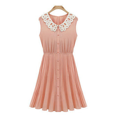 Lady Like Dress with Lace Peter Pan Collar Sleeveless PINK