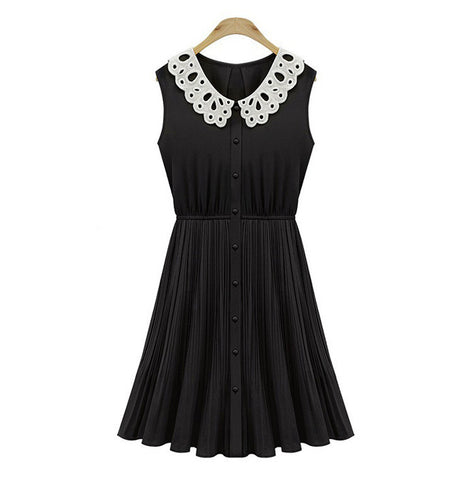 Lady Like Dress with Lace Peter Pan Collar Sleeveless BLACK
