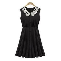 Lady Like Dress with Lace Peter Pan Collar Sleeveless BLACK