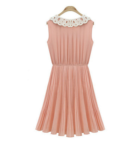 Lady Like Dress with Lace Peter Pan Collar Sleeveless PINK