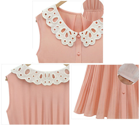 Lady Like Dress with Lace Peter Pan Collar Sleeveless PINK