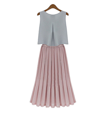 Women Sleeveless Long Dress Ruffled BEIGE and PINK