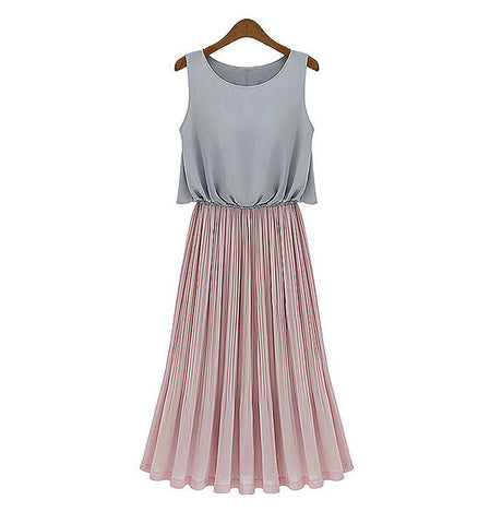 Women Sleeveless Long Dress Ruffled BEIGE and PINK