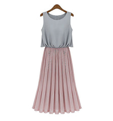 Women Sleeveless Long Dress Ruffled BEIGE and PINK