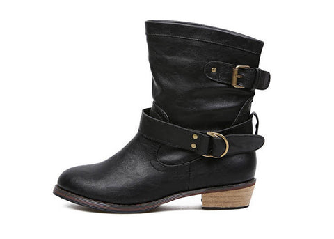 Vintage Style Buckle and Wood Heel Design Women's Boots BLACK