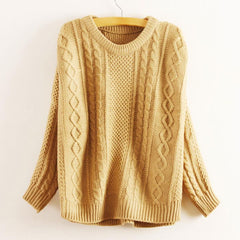 Preppy Style Batwing Sleeve Solid Color Women's Cable Knit Sweater KHAKI