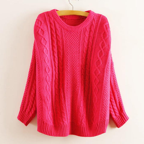 Preppy Style Batwing Sleeve Solid Color Women's Cable Knit Sweater ROSE