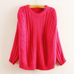 Preppy Style Batwing Sleeve Solid Color Women's Cable Knit Sweater ROSE