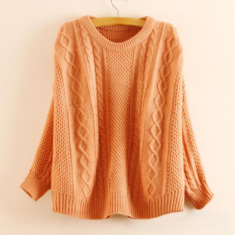 Preppy Style Batwing Sleeve Solid Color Women's Cable Knit Sweater ORANGE
