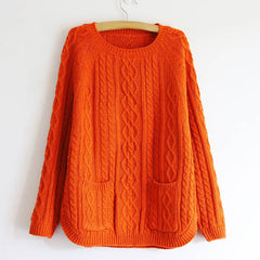 Retro Style Solid Color Pullover Women's Cable Knit Sweater JACINTH