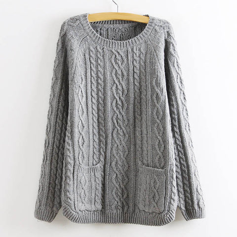 Retro Style Solid Color Pullover Women's Cable Knit Sweater GRAY