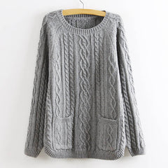 Retro Style Solid Color Pullover Women's Cable Knit Sweater GRAY