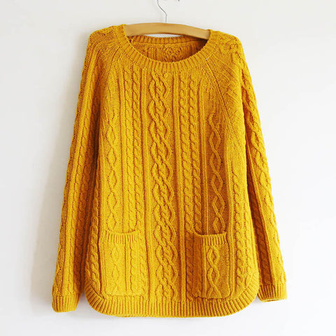 Retro Style Solid Color Pullover Women's Cable Knit Sweater YELLOW