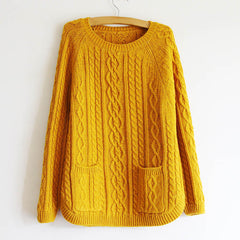 Retro Style Solid Color Pullover Women's Cable Knit Sweater YELLOW