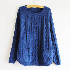 Retro Style Solid Color Pullover Women's Cable Knit Sweater BLUE