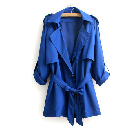 Casual Style Turn-Down Collar Solid Color Tie-Up Long Sleeve Coat For Women BLUE