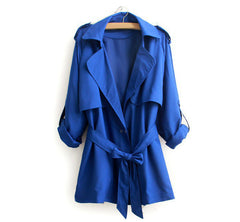 Casual Style Turn-Down Collar Solid Color Tie-Up Long Sleeve Coat For Women BLUE