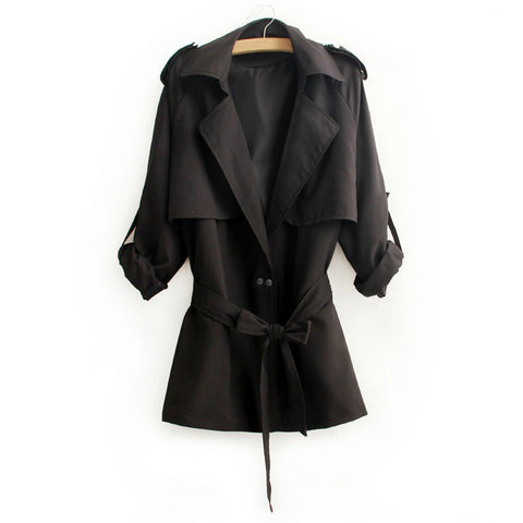 Casual Style Turn-Down Collar Solid Color Tie-Up Long Sleeve Coat For Women BLACK