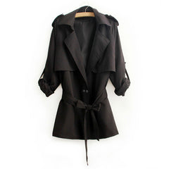 Casual Style Turn-Down Collar Solid Color Tie-Up Long Sleeve Coat For Women BLACK