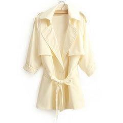 Casual Style Turn-Down Collar Solid Color Tie-Up Long Sleeve Coat For Women WHITE