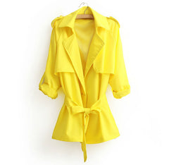 Casual Style Turn-Down Collar Solid Color Tie-Up Long Sleeve Coat For Women YELLOW